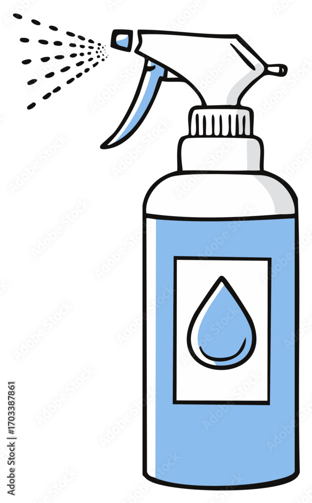 Fototapeta premium Simple illustration of a blue cleaning spray bottle with a water drop label spraying a mist