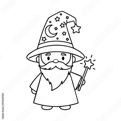Cute cartoon wizard character with a starry hat and magic wand casting a spell in a simple black and white style