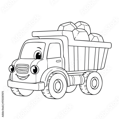 Illustration of a cheerful cartoon dump truck carrying large rocks with expressive eyes and smiling face