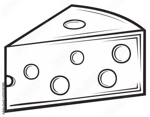 Wedge of Swiss cheese with holes black and white line art illustration