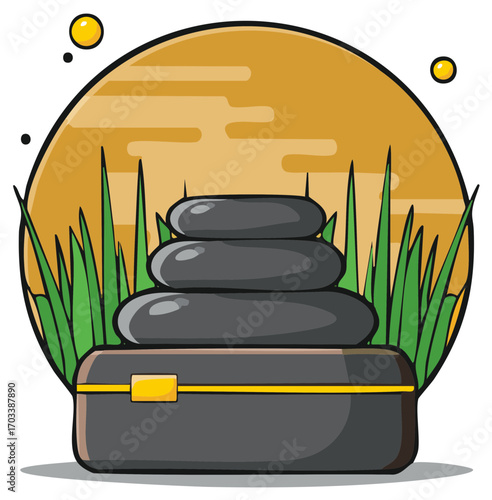 Zen Stones Balanced on a Massage Box with Green Grass and a Gradient Circle Backdrop