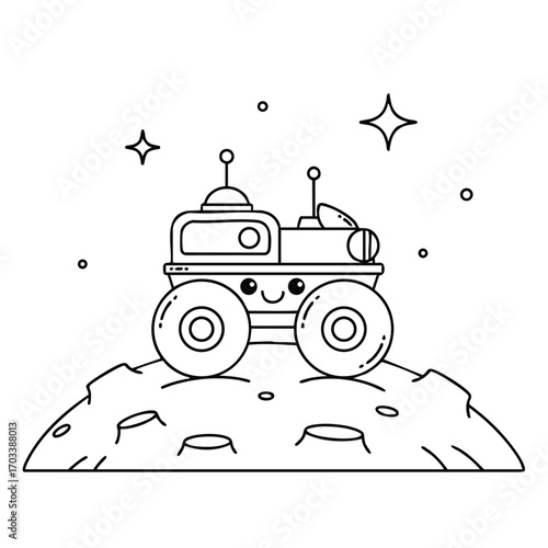 Cute cartoon space rover with smiling face exploring a cratered moon under starry sky background