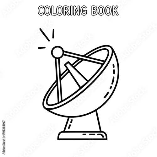 Black and white line drawing of a satellite dish antenna for a coloring book with simple outlines and details