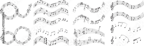 Black and white musical notes and staves treble clef