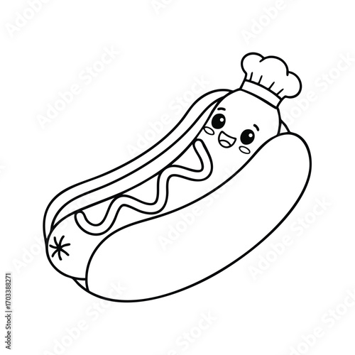 Cute cartoon hot dog character wearing a chef hat with mustard in a bun smiling happily in black and white
