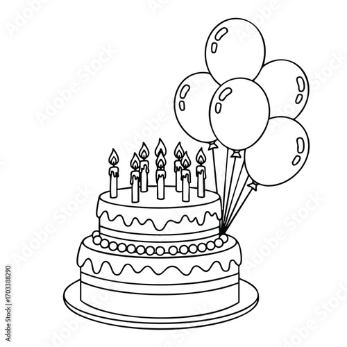 Black and white line drawing of a two-tier birthday cake with lit candles and a bunch of balloons tied to the side on a plate