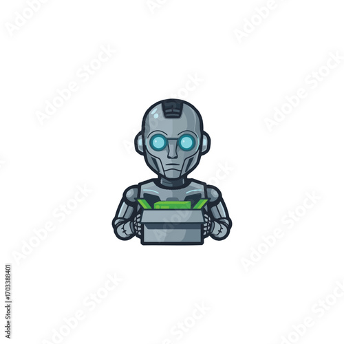 A stylized robot character holding a box of money, likely representing automation or finance.