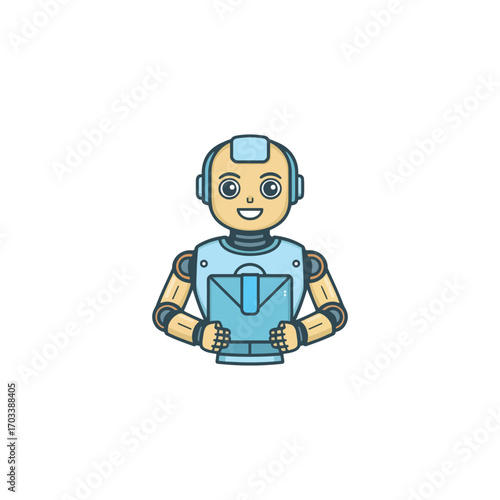 Cartoon robot delivering a package, friendly and helpful.