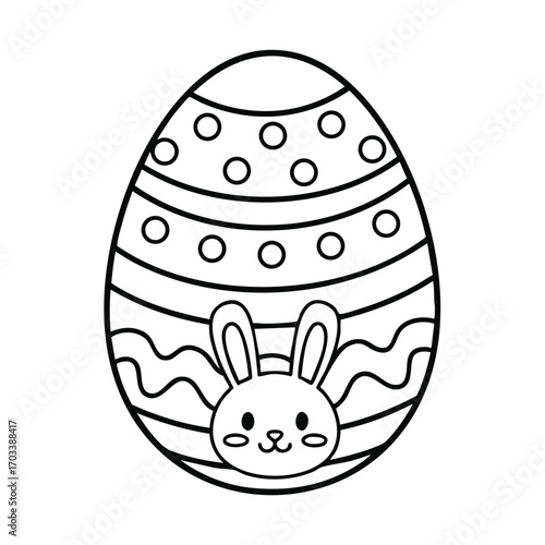 Black and white line art of an Easter egg decorated with patterns and a cute bunny face at the bottom center