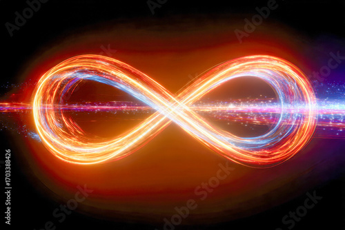 Glowing fiery infinity symbol with dynamic light streaks against dark background representing endless energy and continuous flow of power