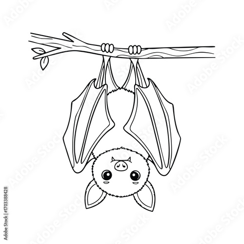 Cute cartoon bat hanging upside down from a tree branch with big eyes and detailed wings in a black and white line art style