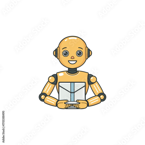 Friendly robot courier delivering a package with a smile.