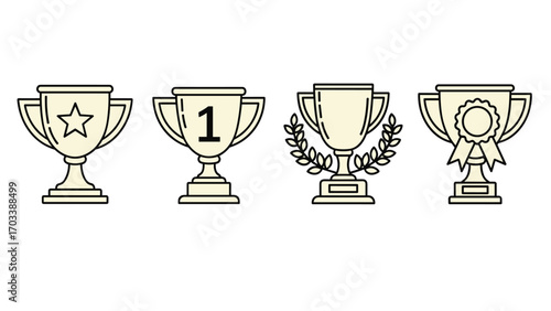 A versatile set of vector cartoon trophy illustrations, available in editable EPS and transparent PNG formats, celebrating success, victory, and achievement awards, ideal for various design projects