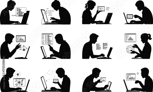 Silhouettes of people working on laptops and tablets, coding software, analyzing data, digital communication, programming, teamwork, technology use, business analytics, IT professionals, remote work