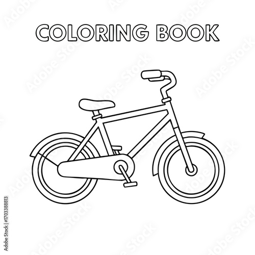Black and white line drawing of a bicycle with fenders and chain guard for coloring book activity pages