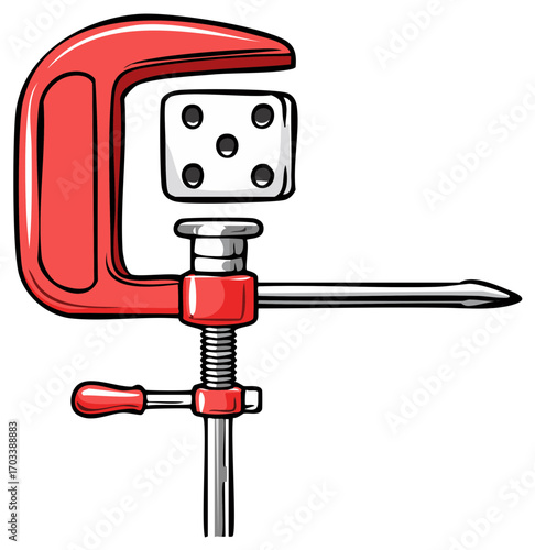 A red C clamp holding a white die showing five dots, symbolizing pressure and chance
