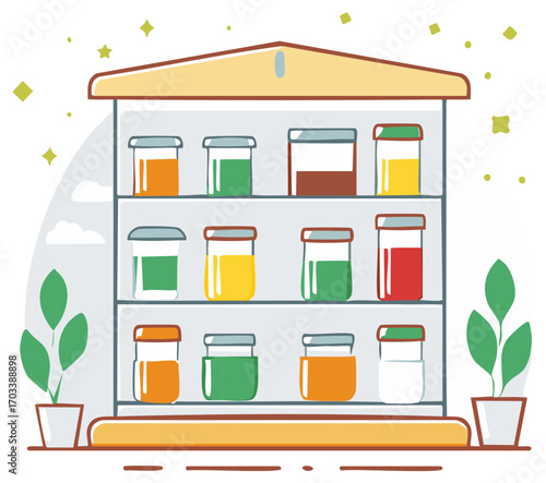 Colorful jars of various ingredients on a shelf, illustrated