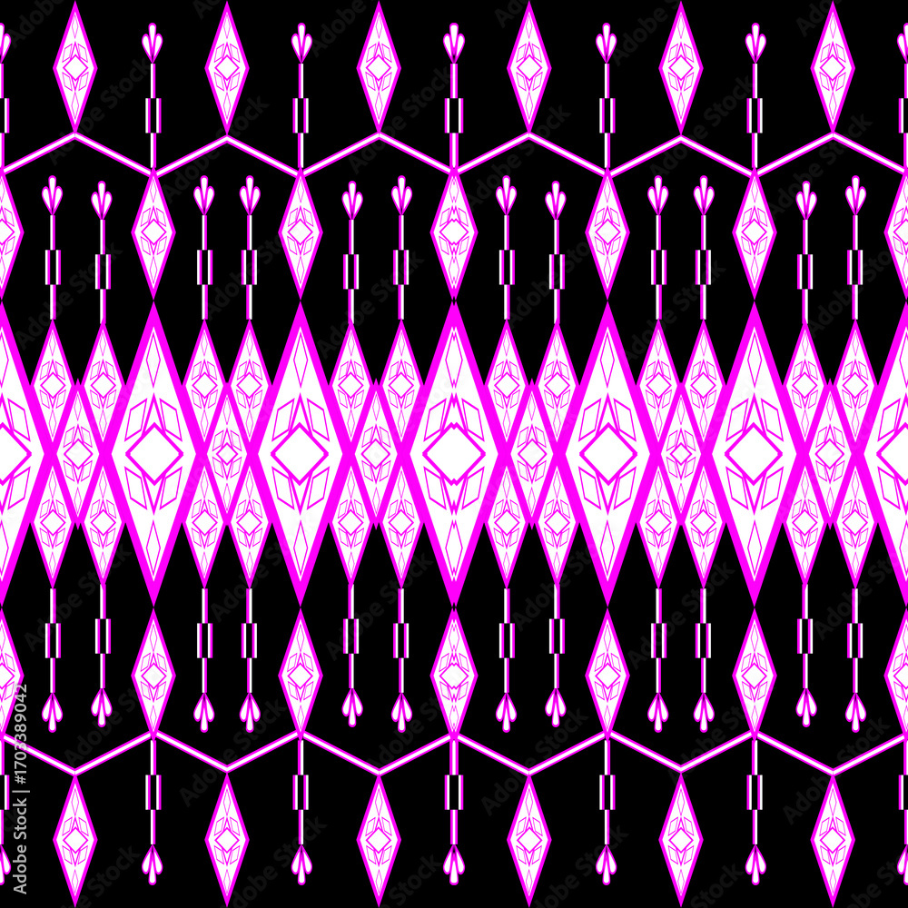 Fototapeta premium abstract seamless pattern A seamless pixel-art pattern in neon pink geometric tribal style features symmetrical diamond-shaped motifs, vertical arrows, and angular lattice structures on a solid black 