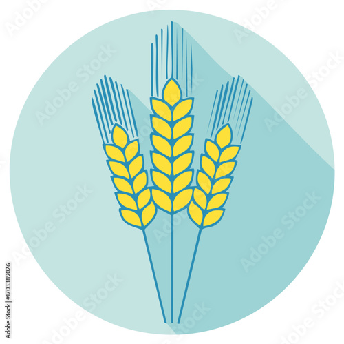 Stylized wheat sheaves icon in blue circle representing agriculture and harvesting concept with long shadow