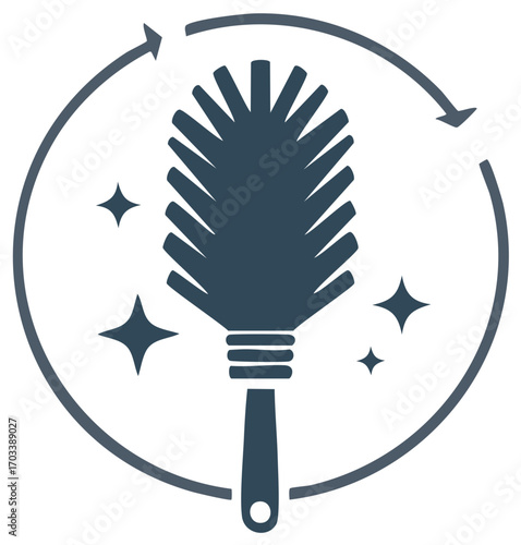 Feather Duster Cleaning Symbol with Rotation Arrows and Sparkles, Icon
