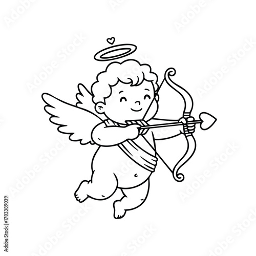 Cute cherub angel with wings and halo aiming a heart-tipped arrow from a bow in a playful pose