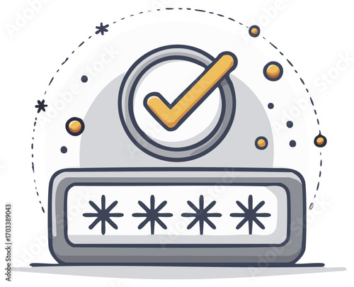 Password verification concept illustration. Check mark and masked symbols for security.