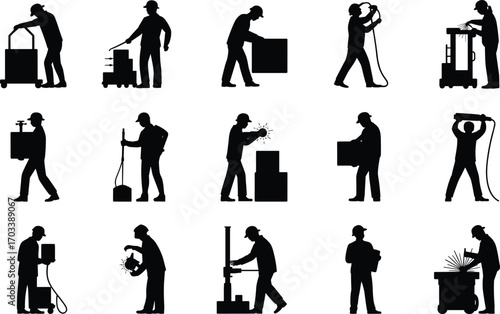 Silhouettes of workers performing various industrial tasks, welding, lifting boxes, carrying equipment, manual labor, factory work, teamwork, safety gear, manufacturing process,