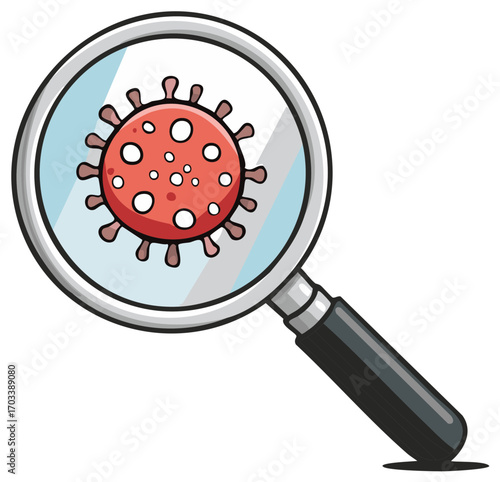Cartoon magnifying glass examining a red virus cell for medical research and analysis