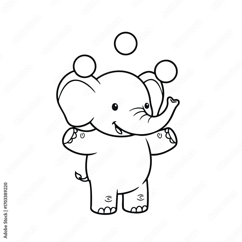 Obraz premium Cute cartoon elephant juggling three balls with a happy expression in a simple black and white line drawing style