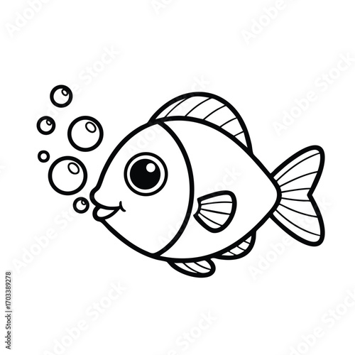 Cute cartoon fish blowing bubbles underwater with large eyes and detailed fins in simple black and white line art