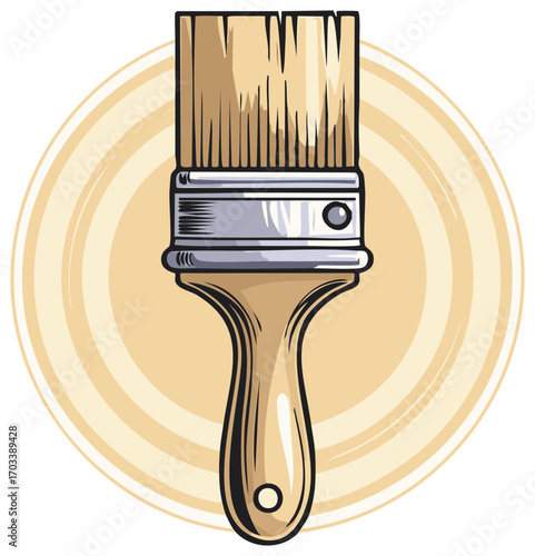 Cartoon illustration of a painting brush with silver metal and a wooden handle