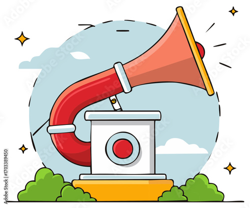 Stylized vector illustration of a vintage megaphone or gramophone with cloud background.