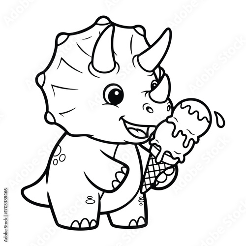 Cute cartoon triceratops dinosaur happily holding and licking a melting double scoop ice cream cone illustration