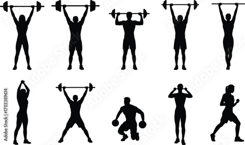 Silhouettes of men and women weightlifting, exercising, fitness training, strength building, dumbbells, barbells, healthy lifestyle, powerlifting, workout routine,