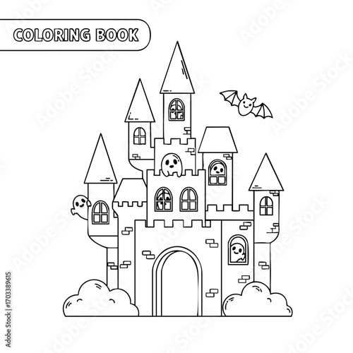 Black and white line art of a spooky haunted castle with ghosts and a flying bat for a coloring book page