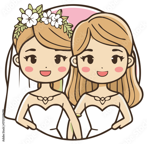 Cute cartoon of a lesbian couple as two happy brides celebrating their wedding day.