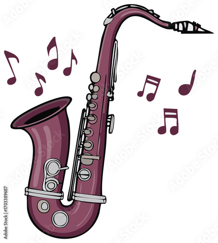 Musical instrument illustration of a saxophone and musical notes.