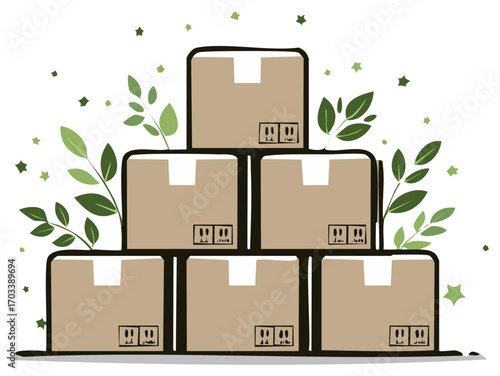 Stacked cardboard boxes with leaves and stars, illustration.