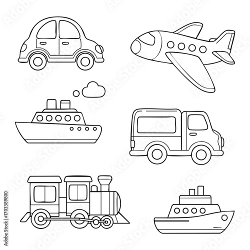 Black and white line art illustrations of various transportation modes including car, airplane, ships, van, and train icons in simple style