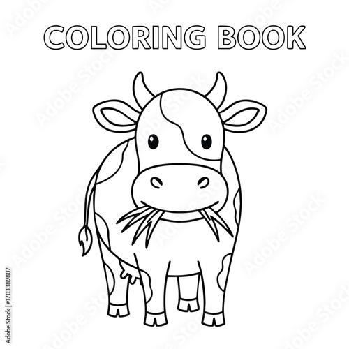 Cute cartoon cow eating grass in a simple black and white coloring book style illustration for children