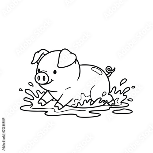 Cute cartoon pig happily splashing and playing in a puddle of mud with a joyful expression and curled tail