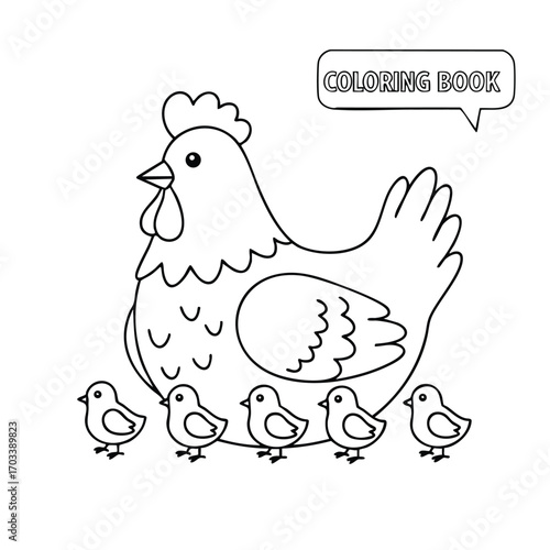 Black and white coloring book illustration of a hen with five chicks standing in a row beneath her tail feathers