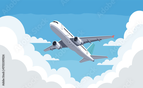 Airplane Flying High Above Clouds in a Clear Blue Sky