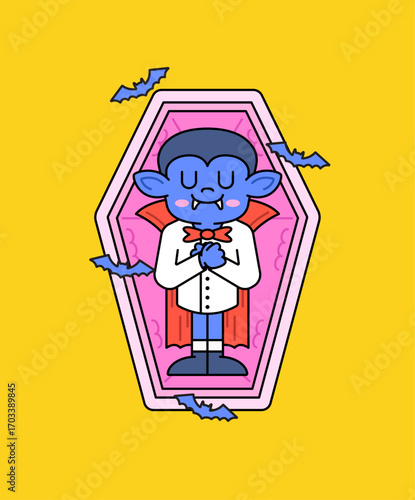 Blue vampire character lying inside a pink coffin with a red cape and bow tie. Surrounded by flying bats on a yellow background, perfect for Halloween, horror, fantasy, vector illustration