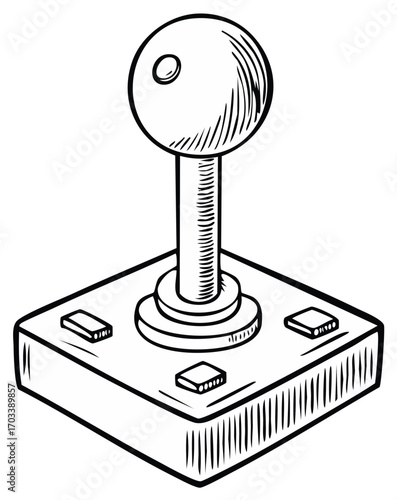 Retro gaming joystick with ball top and buttons in a vintage drawing style
