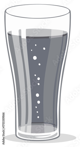 Stylized cartoon illustration of a tall glass filled with bubbly clear drink with bubbles floating up inside