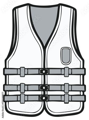 Illustration of a white and gray life vest or life jacket with adjustable straps for water safety