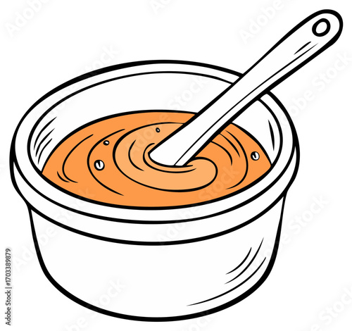 A bowl filled with orange liquid and a spoon stirring the contents