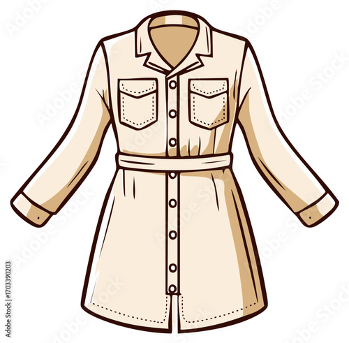 Stylish beige shirt dress with belt and pockets illustration
