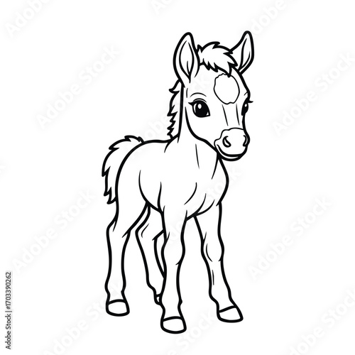 Cute young foal standing with large eyes and distinctive marking on forehead in simple black and white line art